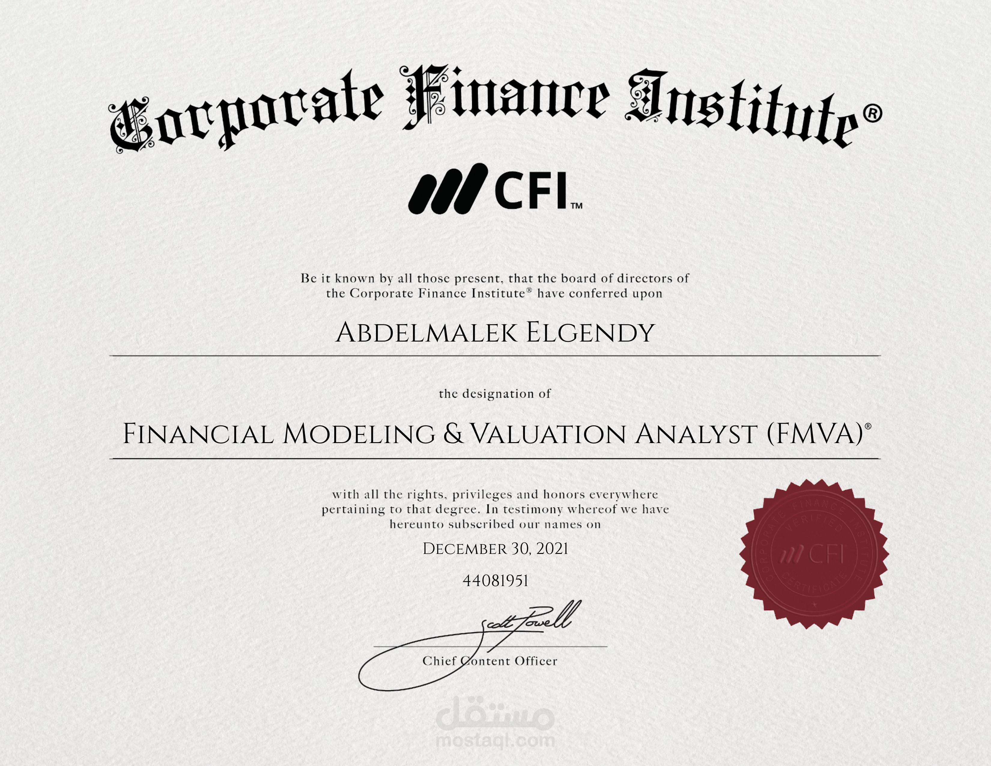 شهادة النمذجة المالية والتقييم من المعهد الكندى Corporate Finance Institute® (CFI)