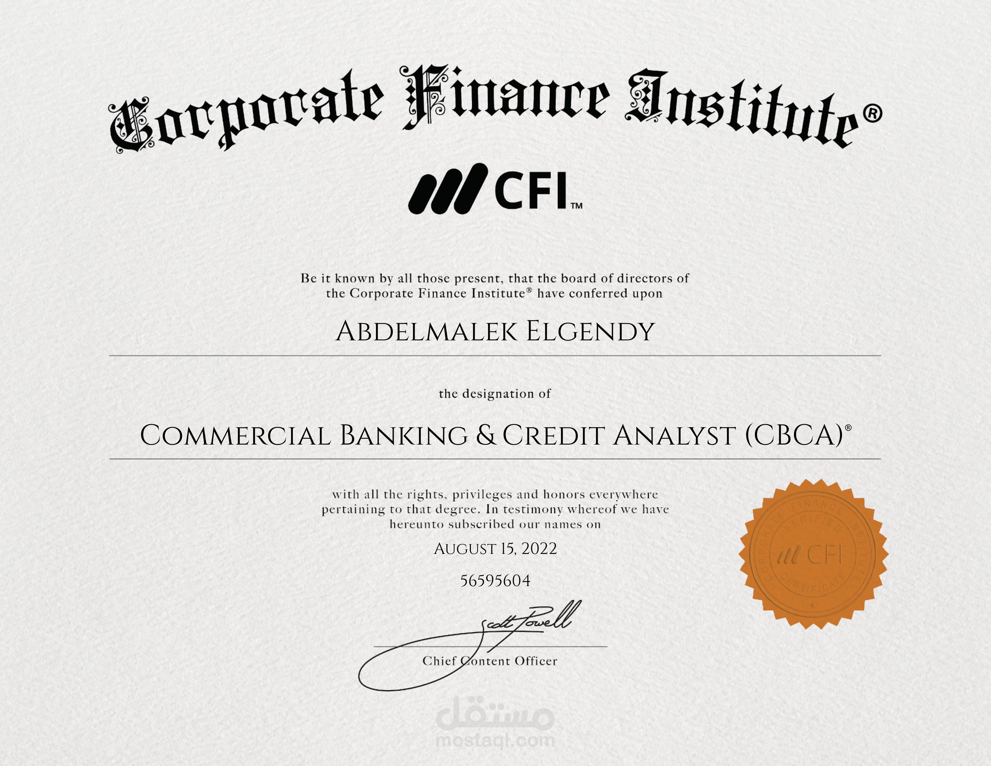 حاصل على شهادة التحليل الإتمانى من المعهد الكندى Corporate Finance Institute® (CFI).