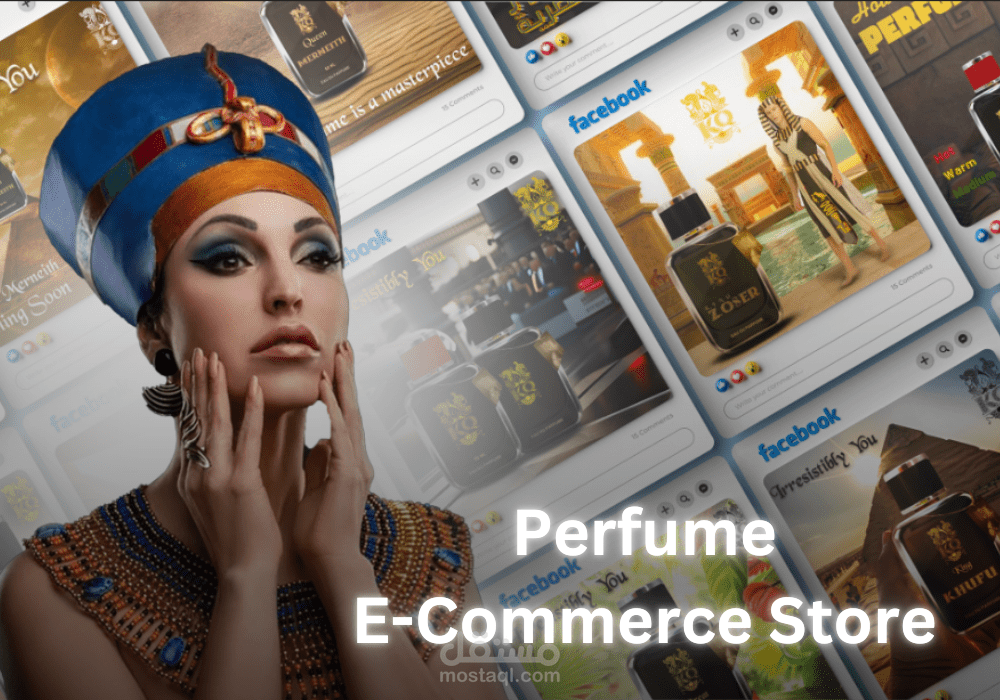 تصميمات سوشيال ميديا لمتجر عطور يحمل الطابع الفرعونى