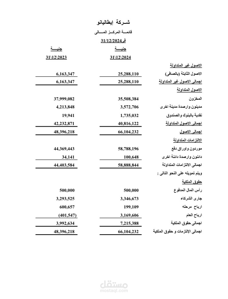 مالية وفقاً لمعايير المحاسبة المالية الدولية لشركة إيطاليانو عن عام ٢٠٢٤