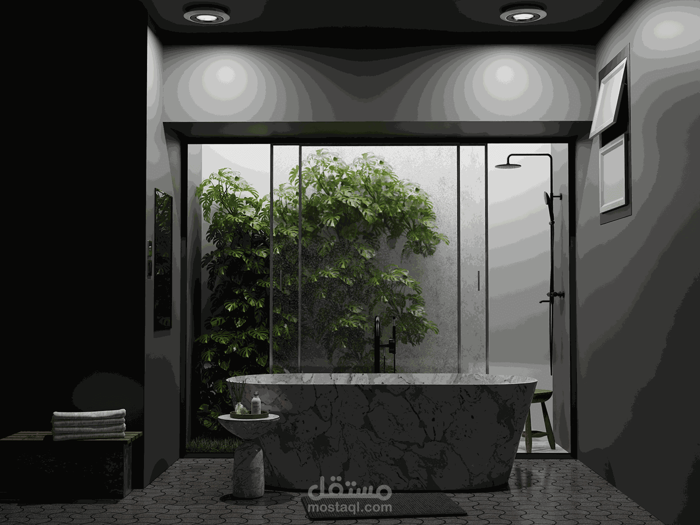 تصميم 3D حمام طبيعي مصغر مع اضاءة دقيقة ورندر واقعي.