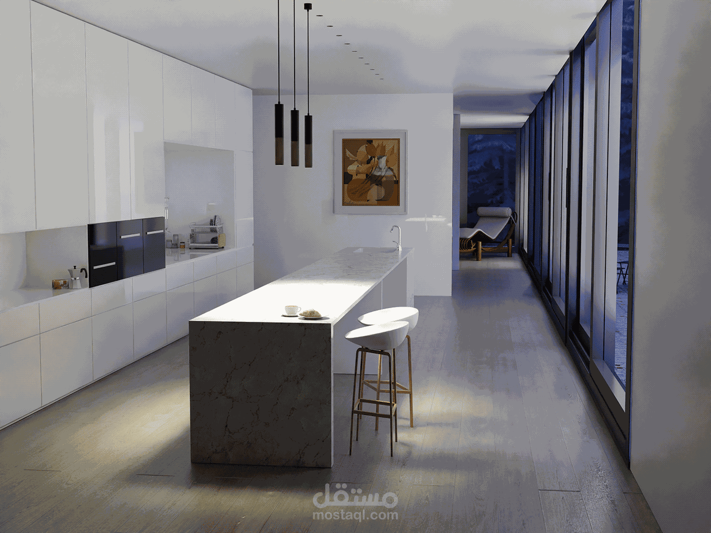 تصميم داخلي 3D لمطبخ عصري Modern Kitchen  مع فيديو رندر واقعي.