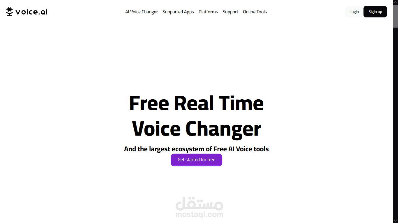 مشروع تصميم واجهة الصفحة الرئيسية لأستنتاخ واجهة موقع voice.ai واستخدمت في التطوير tailwind css react next.js