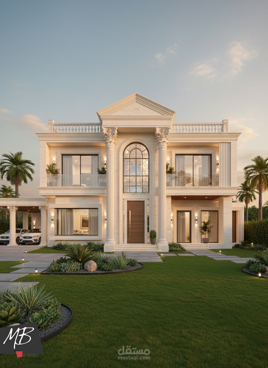 تصميم خارجي لفيلا مودرن كلاسيك (Neoclassic) بتفاصيل فاخرة