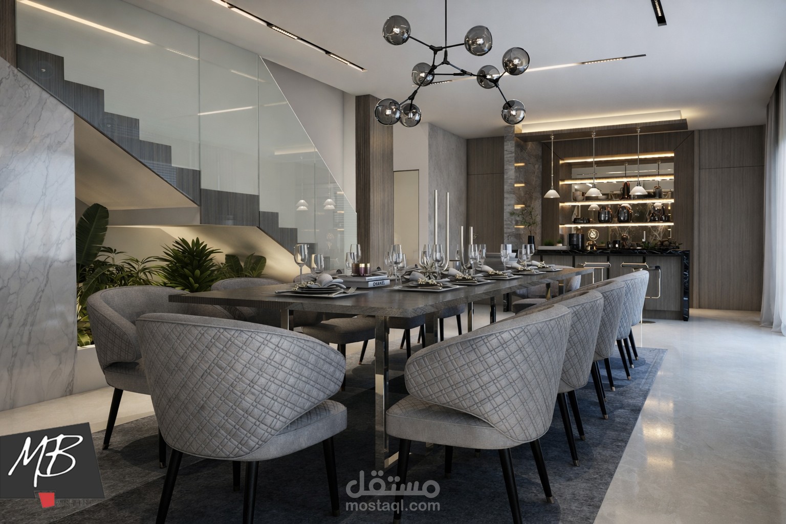 تصميم داخلي فاخر بنمط "المودرن الترفي" (Luxury Modern) لمساحات مفتوحة