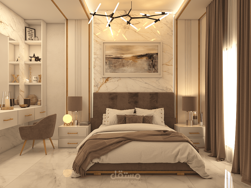 تصميم داخلي لغرفة نوم رئيسية.