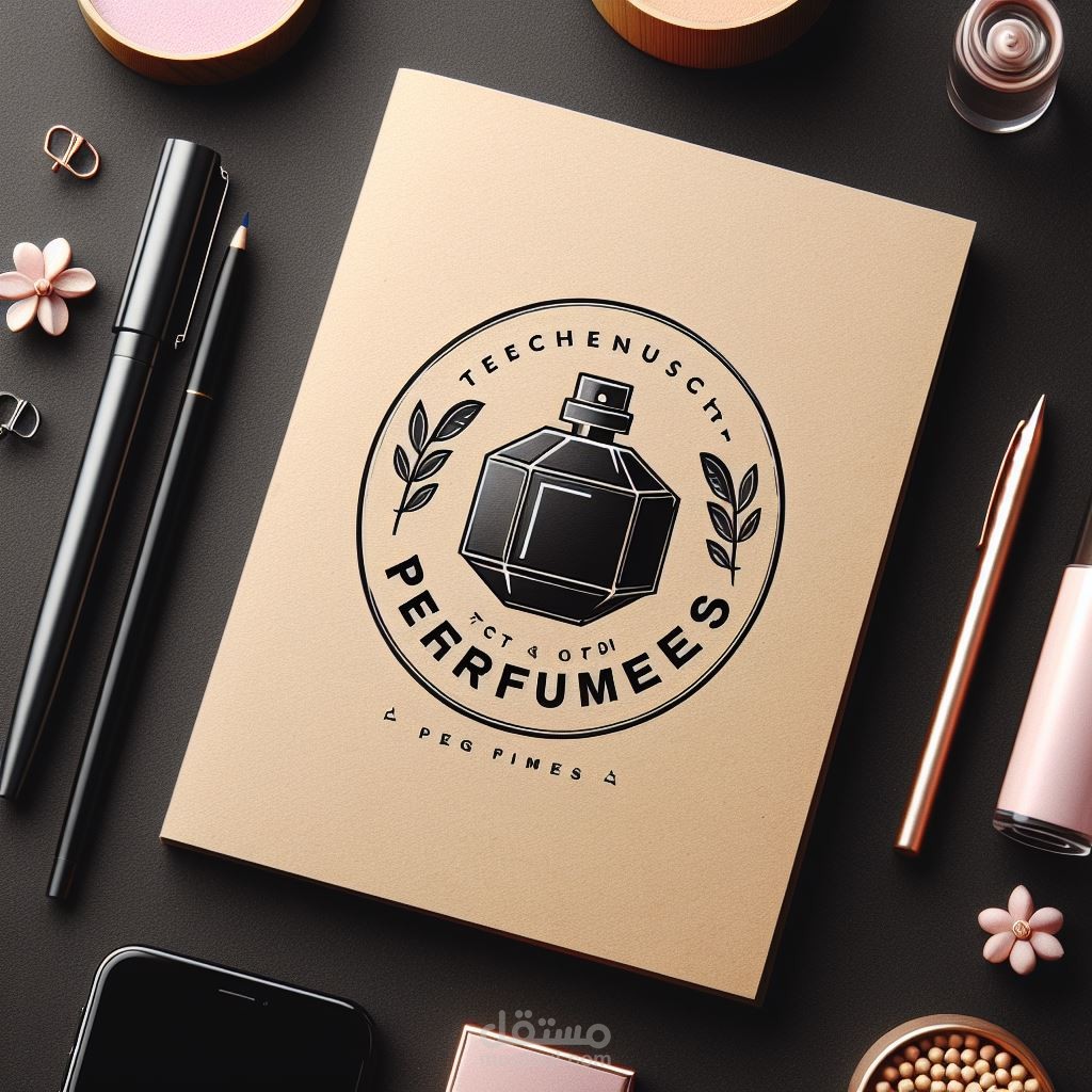 تم تصميم علامة تجارية لمتجر عطور سابق يحتوي على اسم المتجر وصورة لعبوة عطر فارغة وزخارف بسيطة