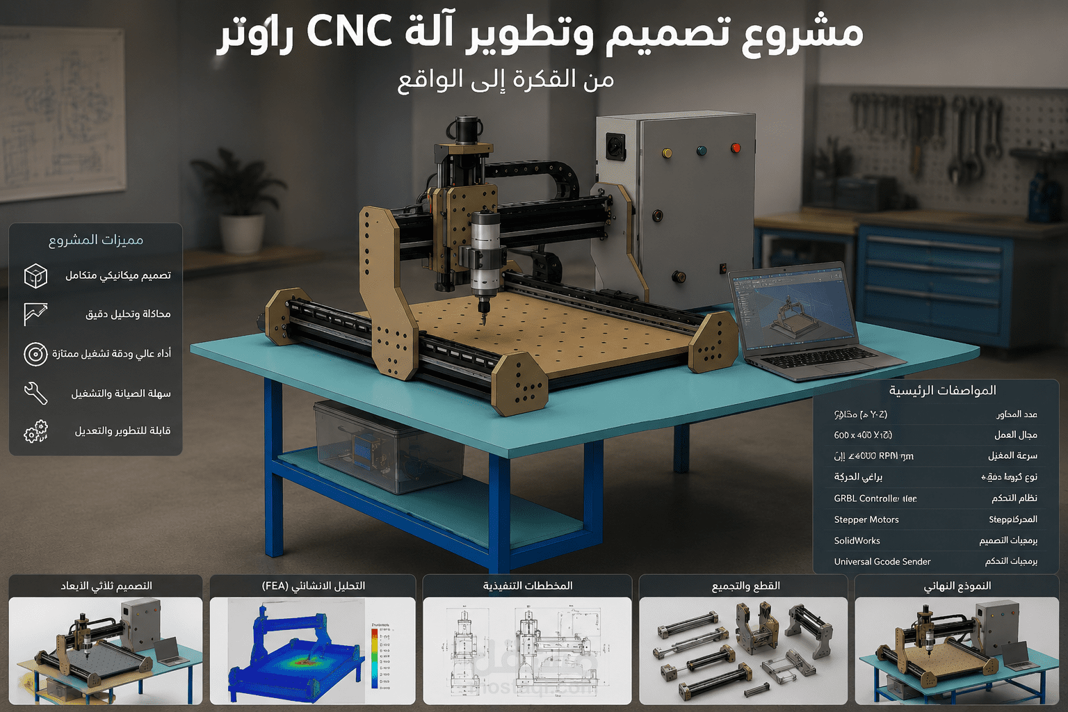 تصميم وتطوير آلة CNC دوارة متعددة المحاور (Rotary CNC Machine) من الفكرة إلى النموذج الهندسي الكامل