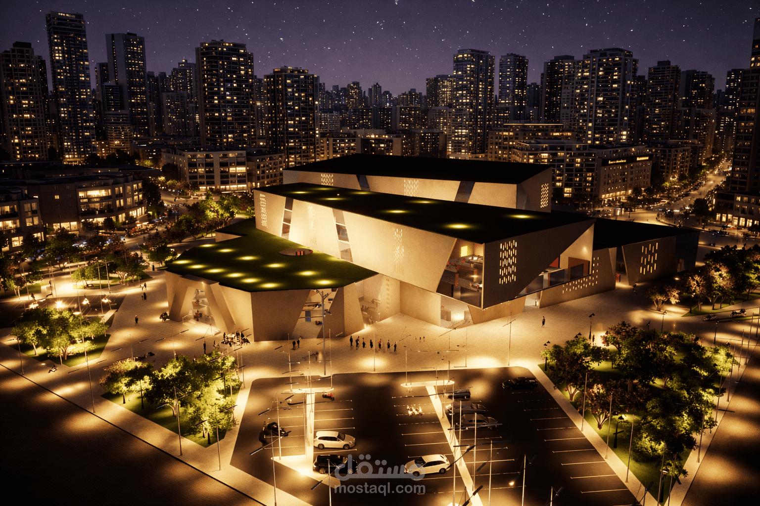 تصميم معماري وأيقونة بصرية لمركز ثقافي (متحف) مع إظهار ليلي سينمائي