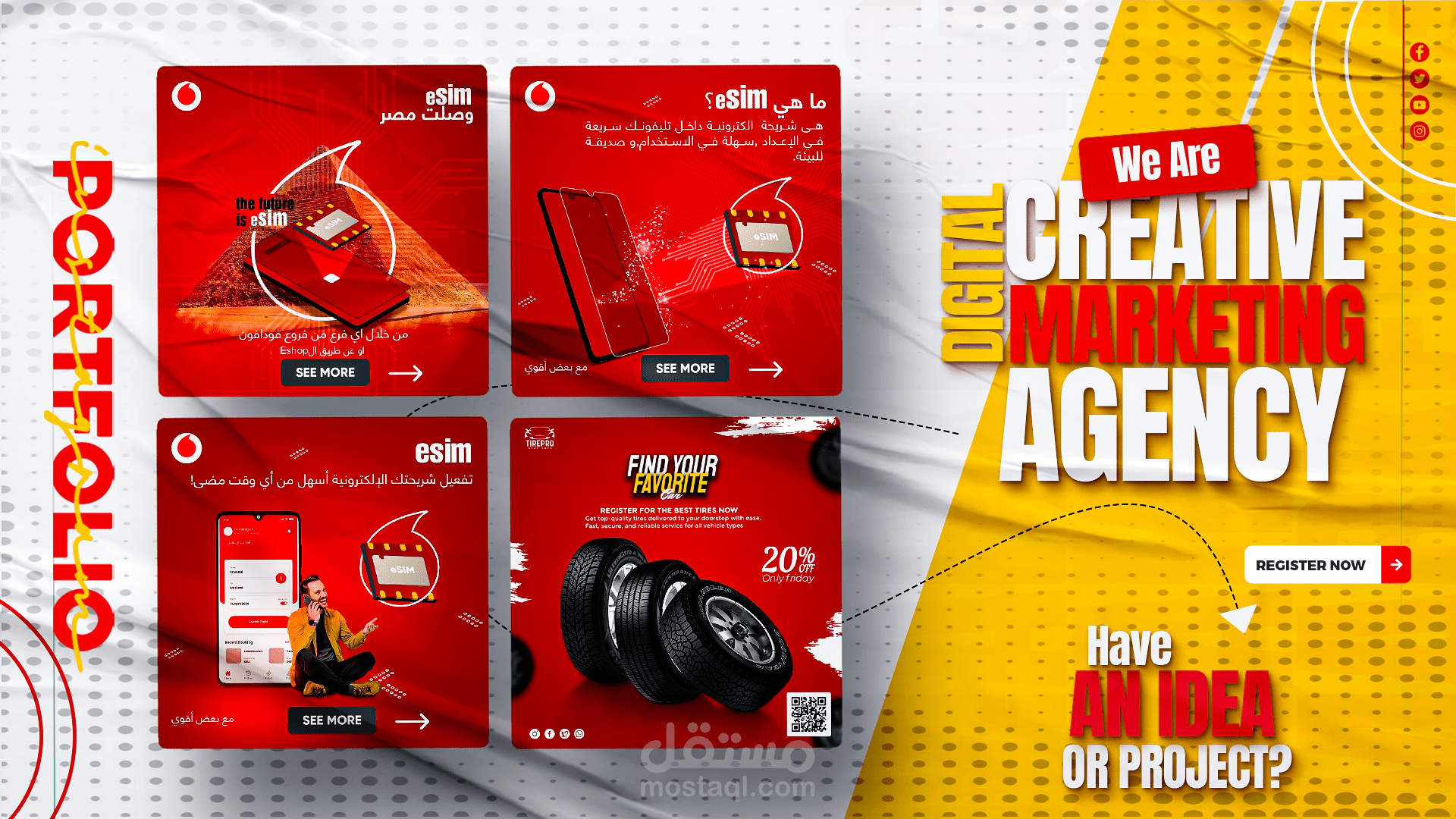 تصميم إعلاني احترافي لشركة متخصصة في تغيير وصيانة الإطارات + vodafone ESIM