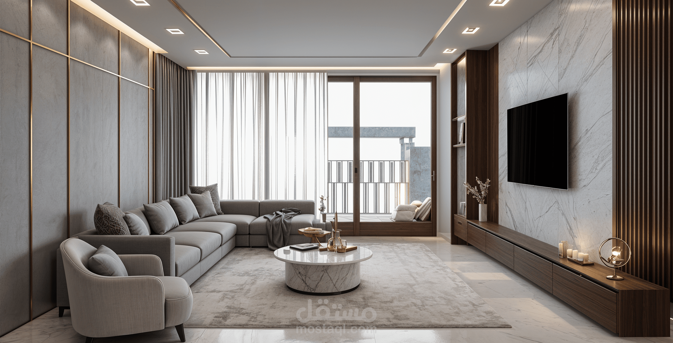 تصميم داخلي فراغ مفتوح معيشة ومطبخ وسفرة