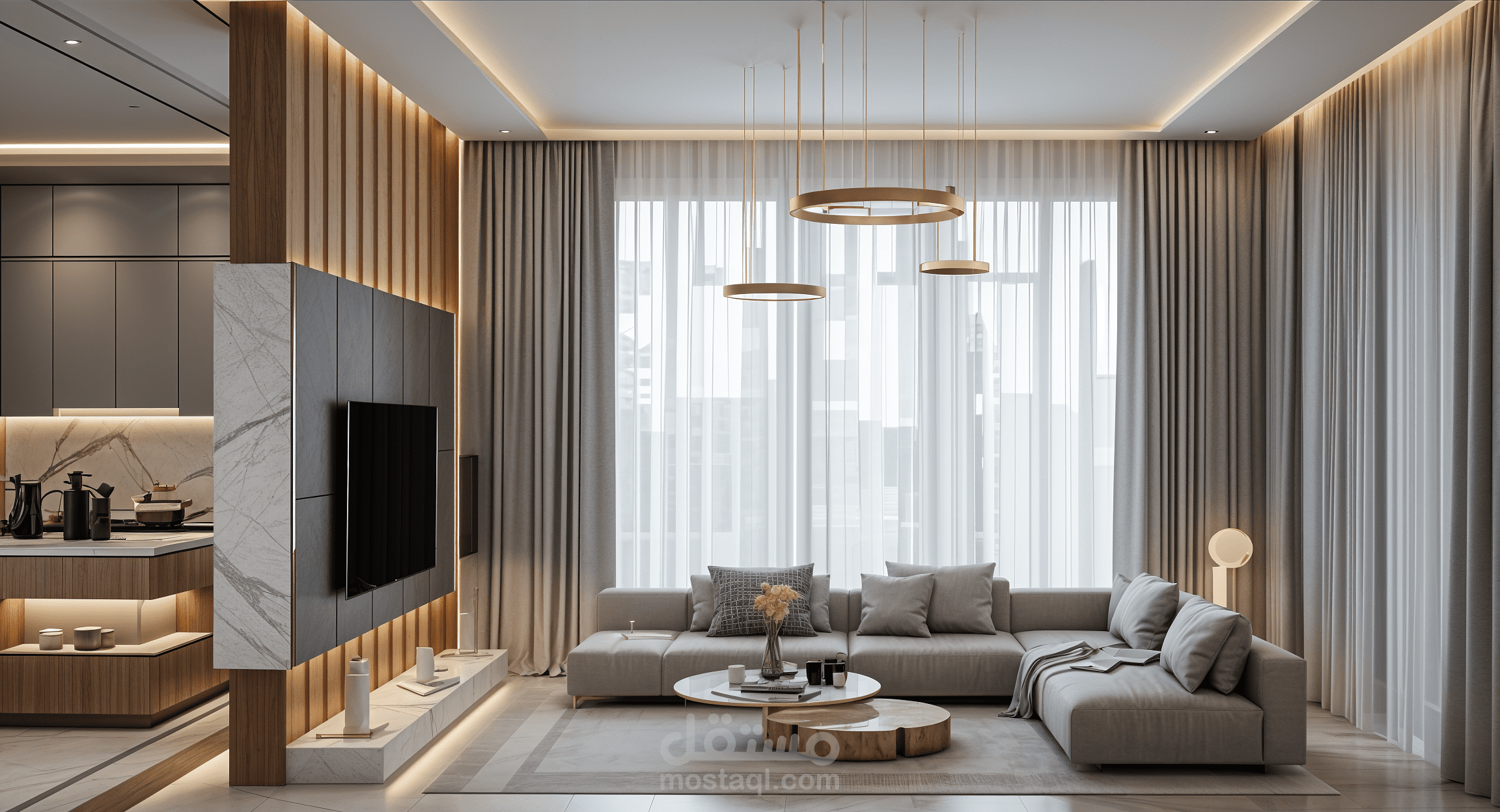 تصميم داخلي حديث ومينيمالي لمطبخ وصالة مفتوحة