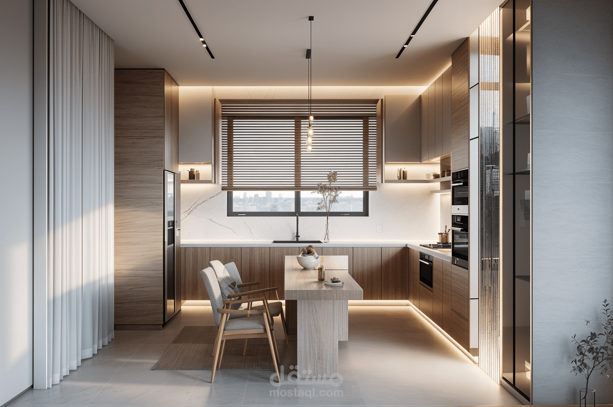 تصميم مطبخ حديث بإضاءة دافئة وألوان طبيعية