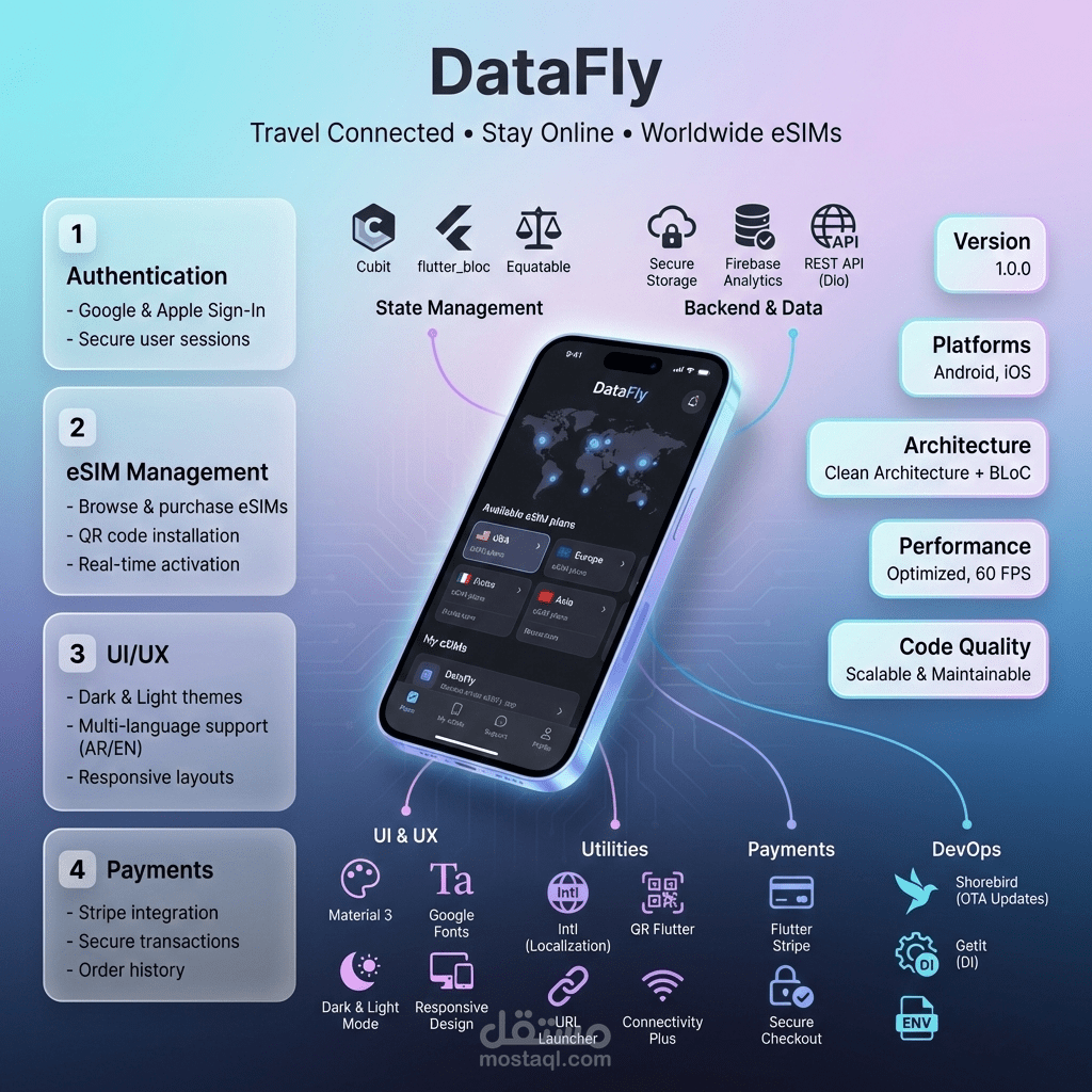 DataFly – تطبيق إدارة شرائح eSIM متعدد المنصات (Flutter)