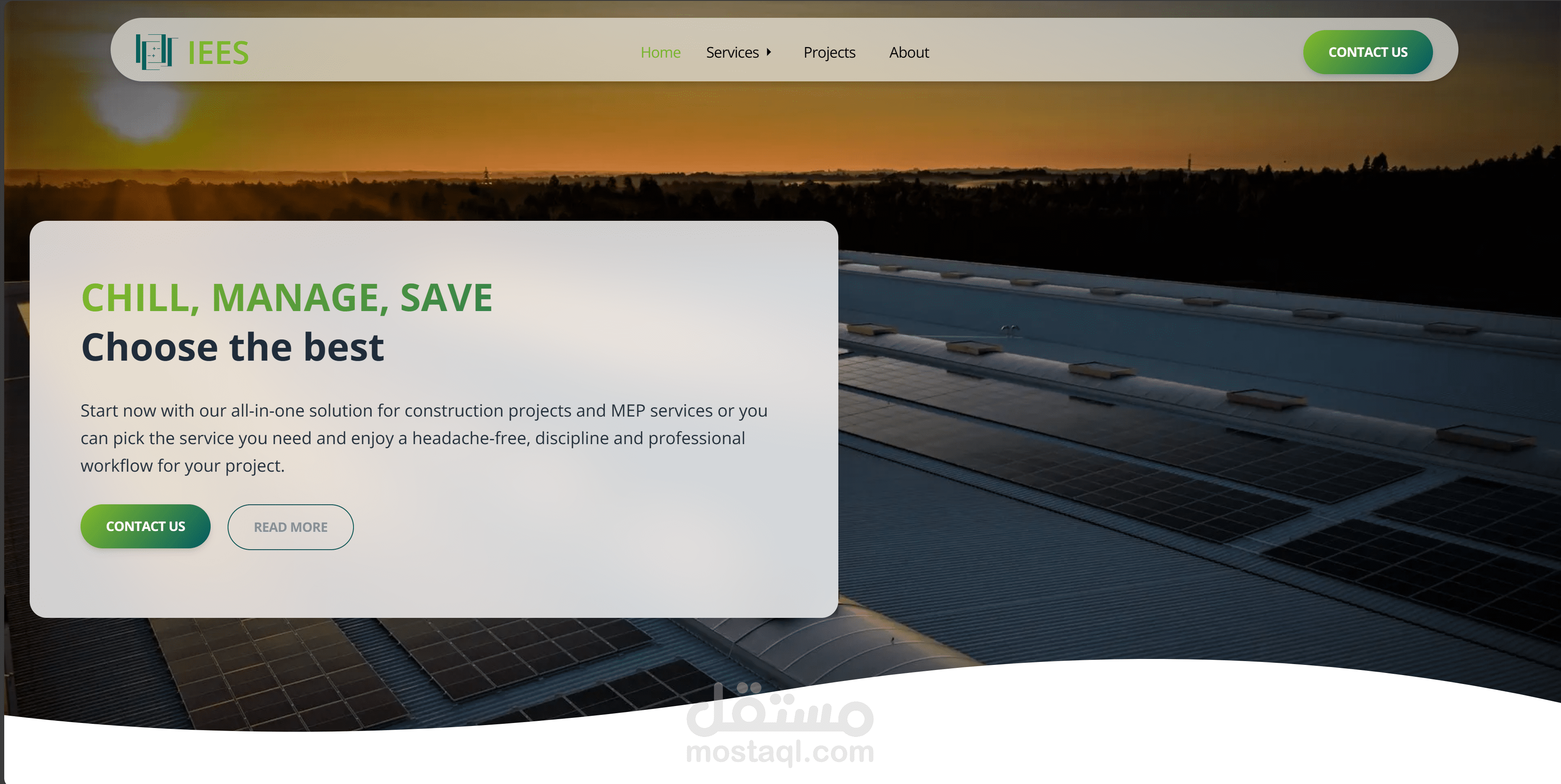 Next.js landing page for "IEES" company with a full featured dashboard (admin panel)