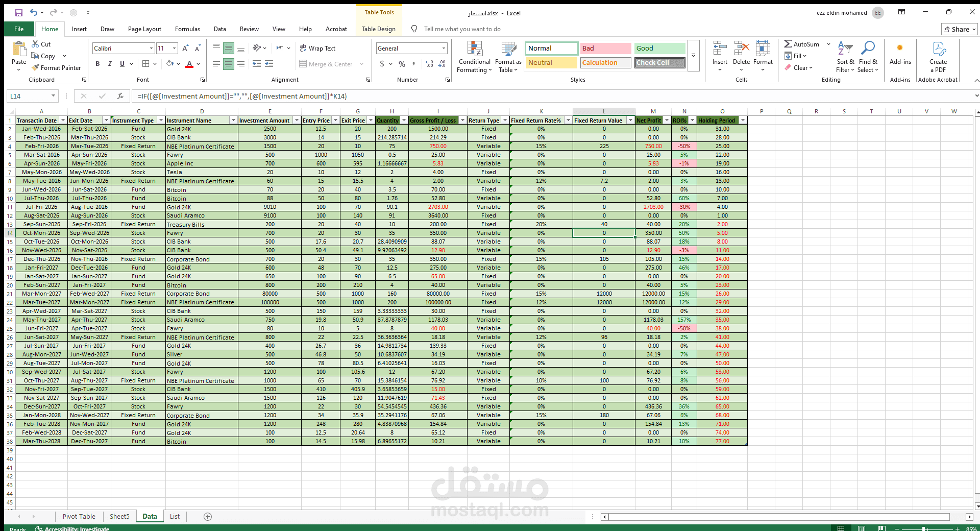 نظام تتبع المحافظ الاستثمارية وتحليل المخاطر (Investment Tracker).