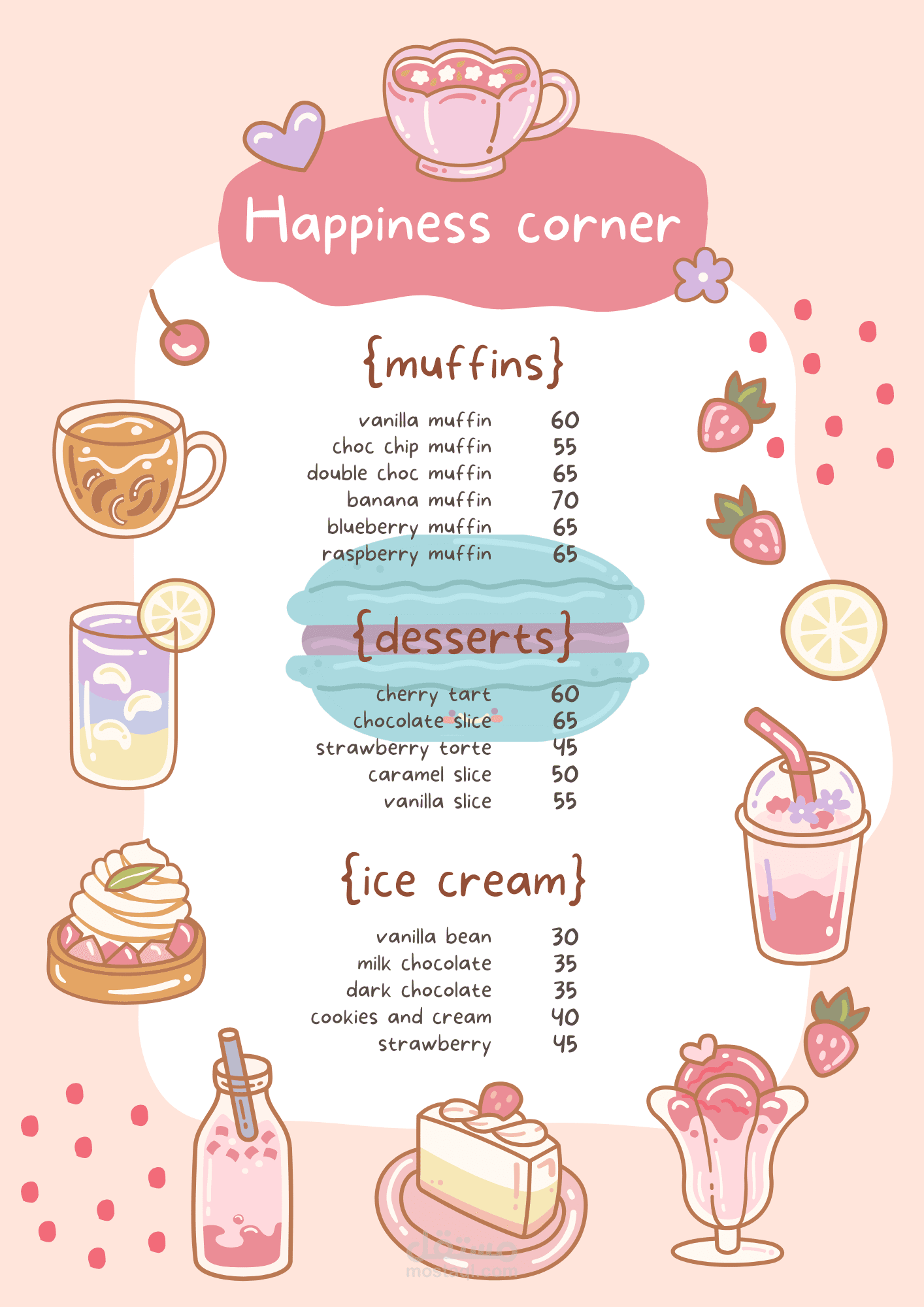 منيو بألوان هادئه لمشروبات وحلويات