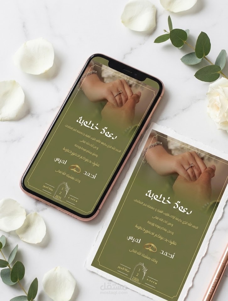 تصميم دعوة خطوبة إلكترونية عصرية (ثيم زيتوني وذهبي)