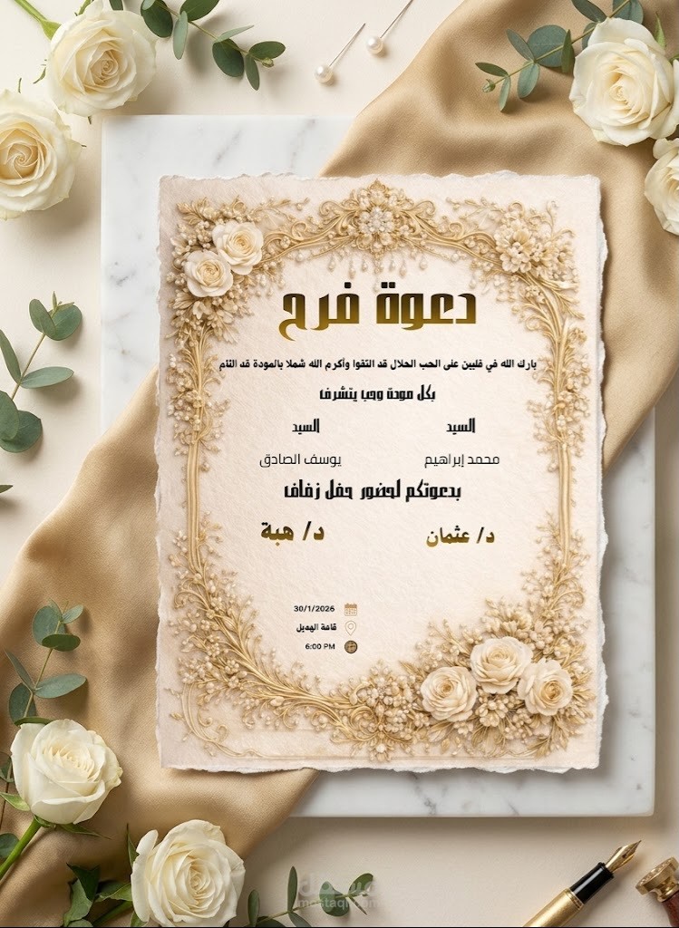 تصميم دعوة زفاف ملكية بزخارف ذهبية كلاسيكية