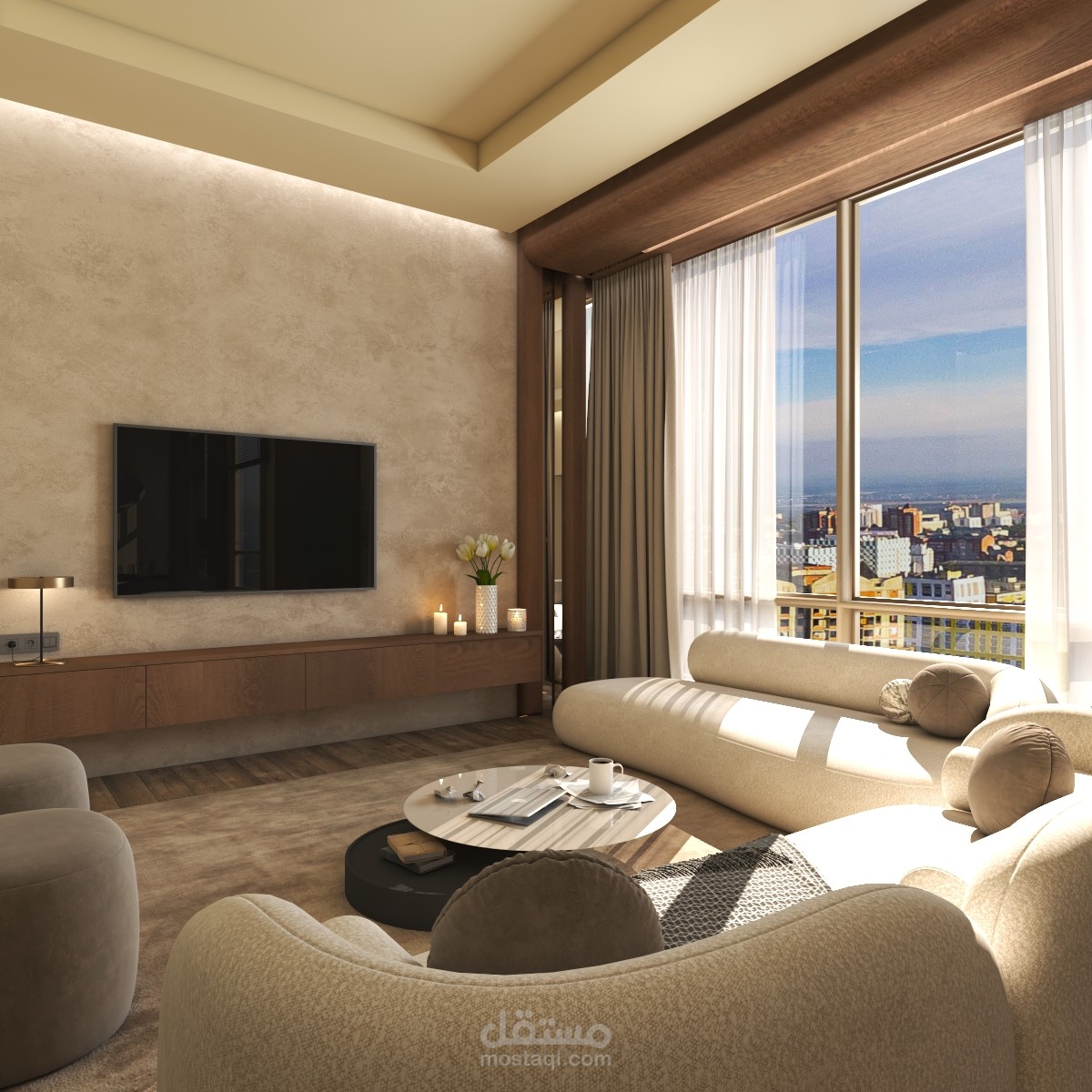 تصميم داخلي لغرفة معيشة وركن طعام