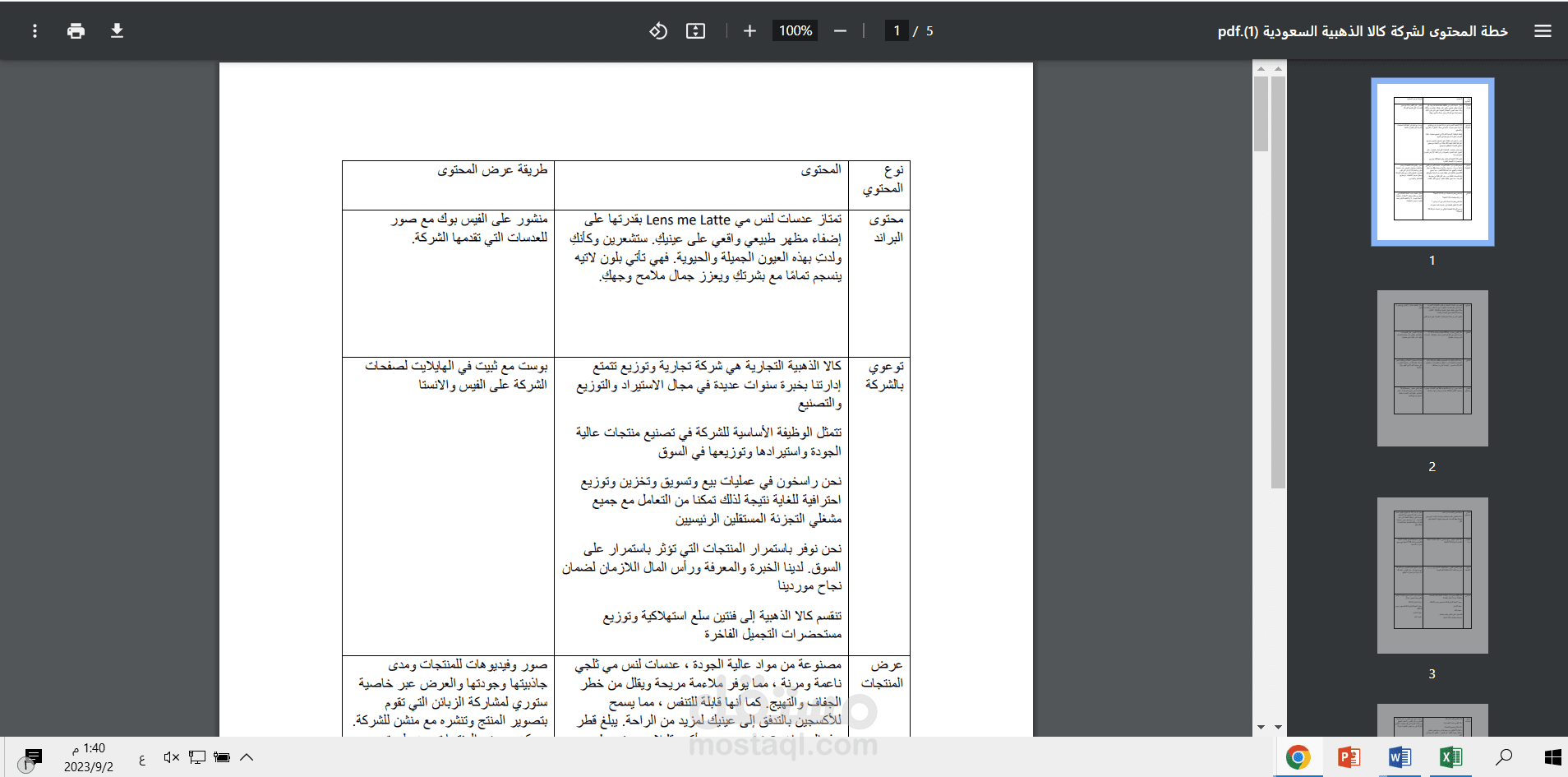 خطة محتوى لشركة كالا الذهبية السعودية