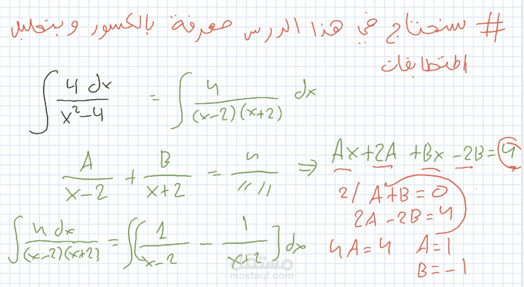 تسجيل درس في التكامل بتجزئة الكسور (الحالة الثانية) مع تمارين عملية