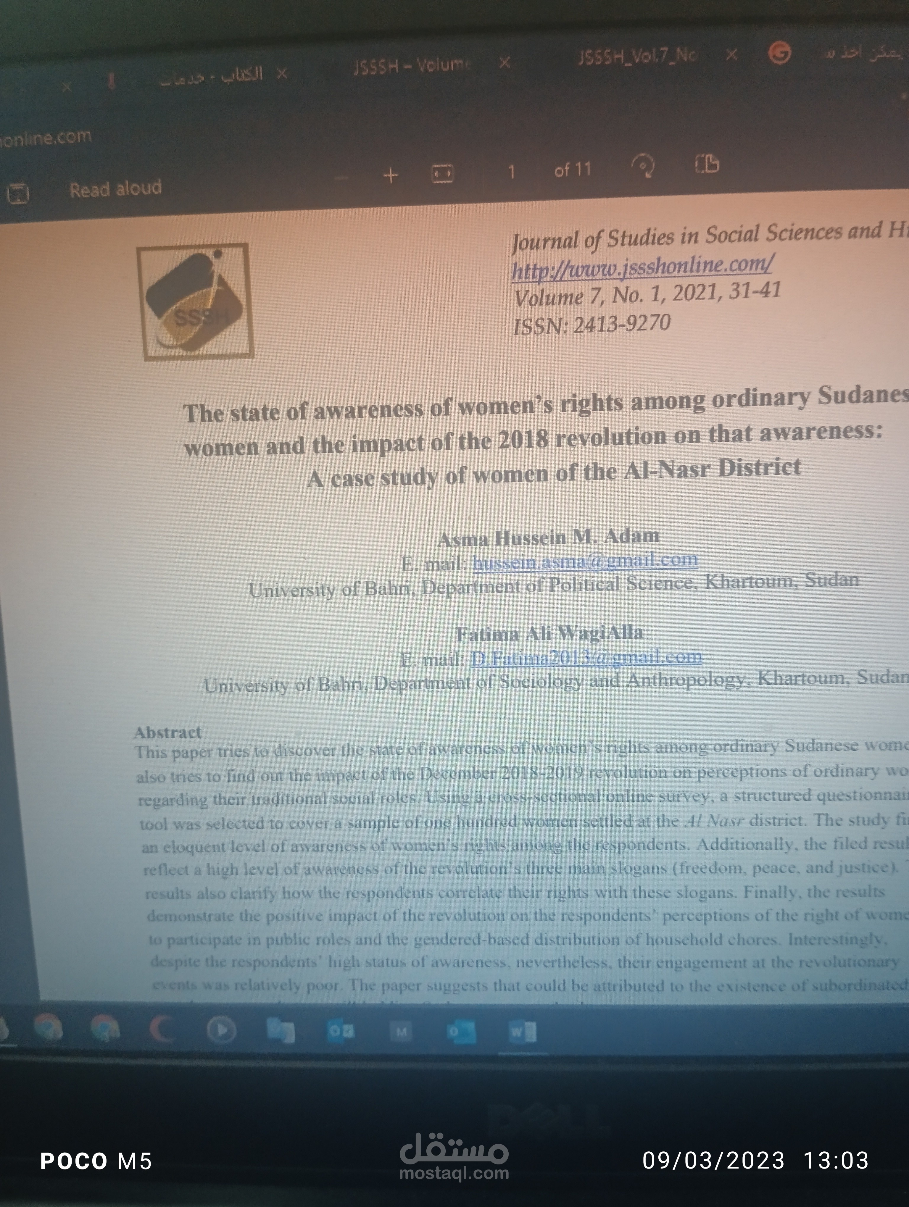 The State of Awareness of Women’s Rights among Ordinary Sudanese  Women and the Impact of the 2018 Revolution on that Awareness: Women of the Al-Nasr District (Sharq  Al Neel, Khartoum Bahri) as a Case Study