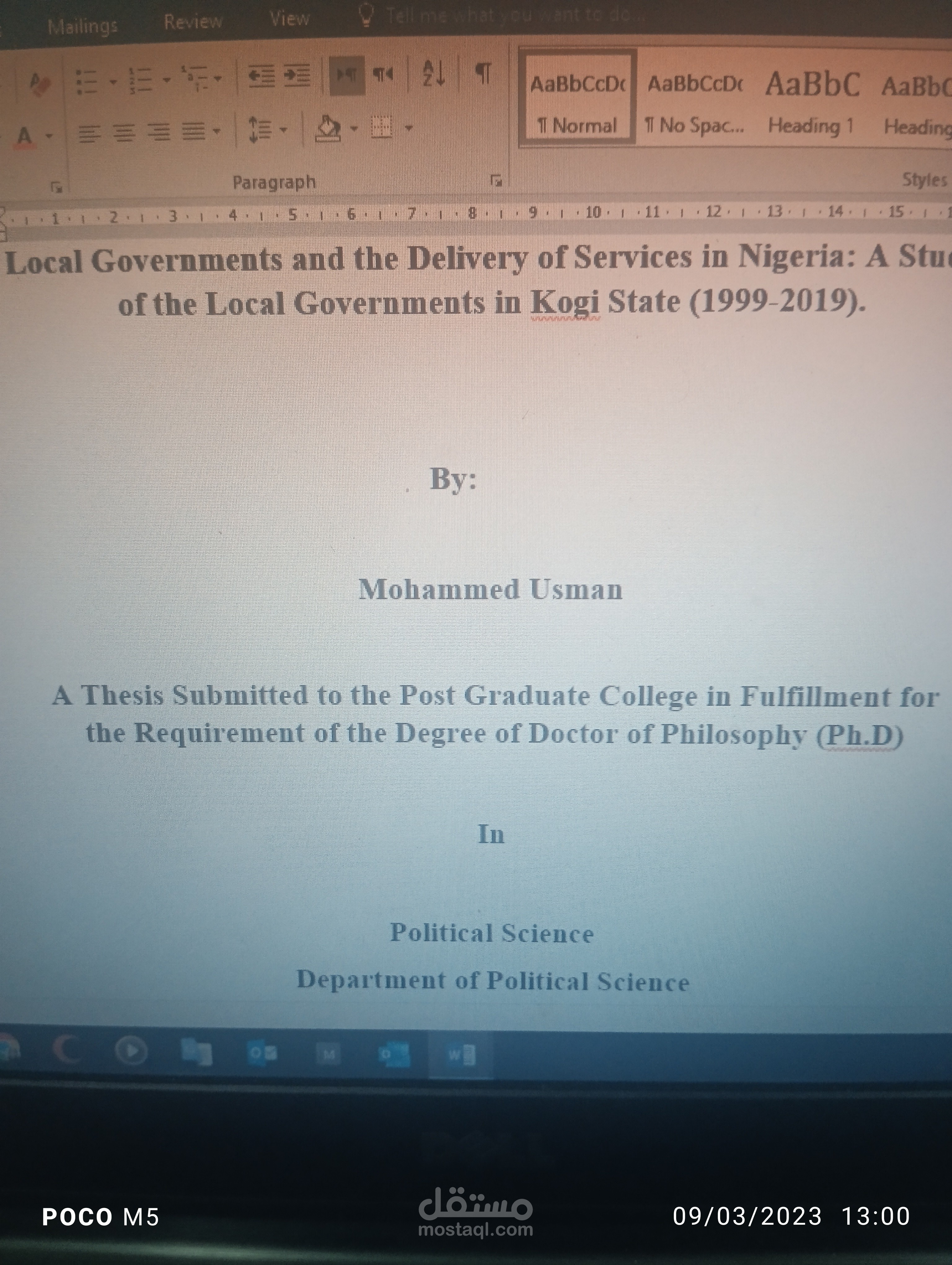 A Thesis Submitted to the Post Graduate College in Fulfillment for the Requirement of the Degree of Doctor of Philosophy (Ph.D)