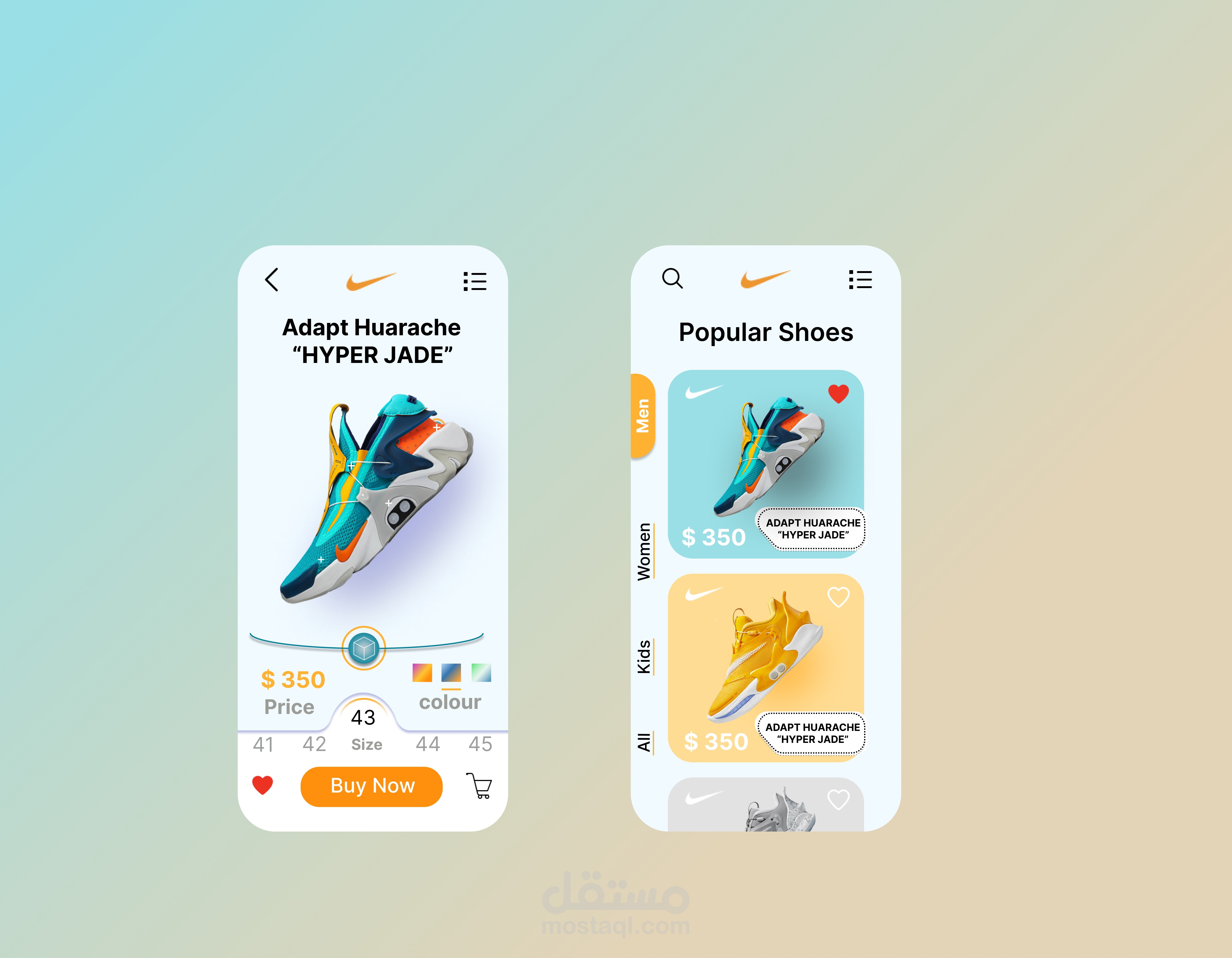 واجهات UI من تطبيق متجر لبيع الأحذية