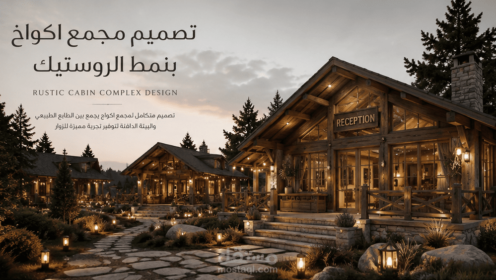 تصميم  داخلي لمجمع أكواخ سياحية بنمط الروستيك
