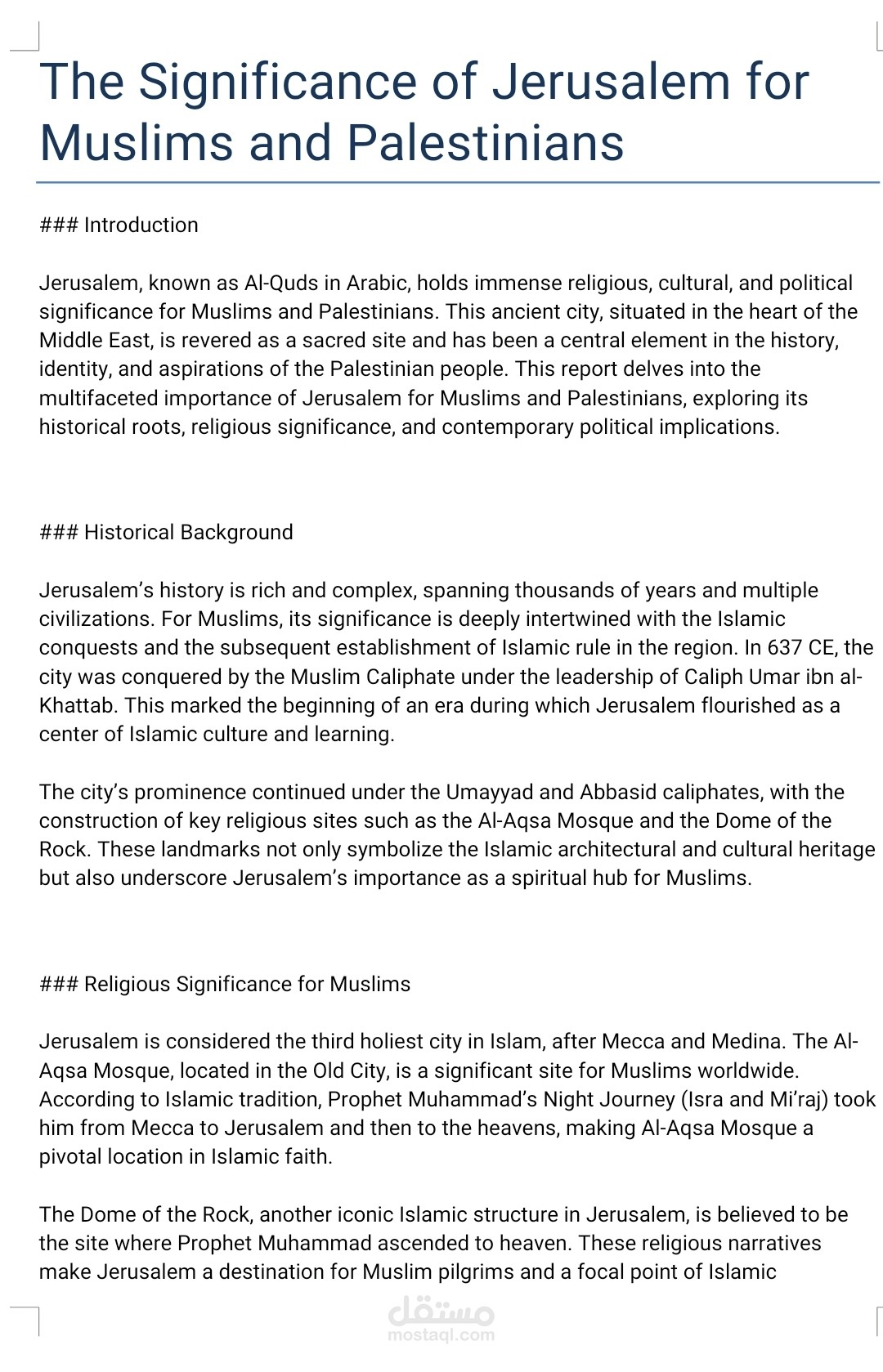 Writing a Report on the Significance of Jerusalem for Muslims and Palestinians