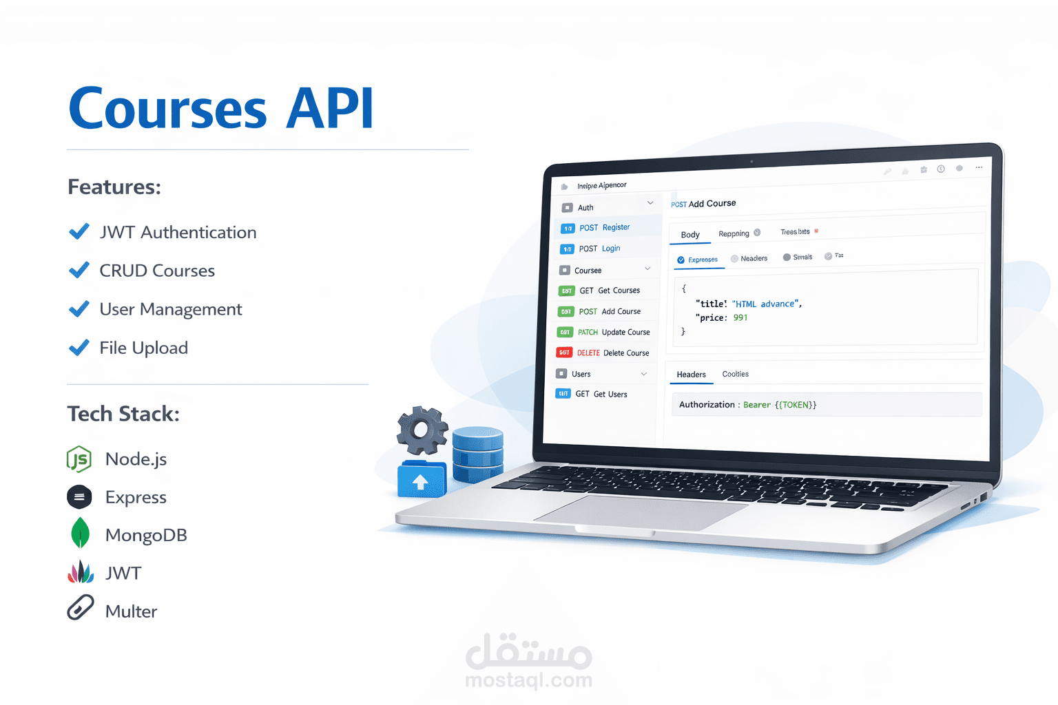 بناء الواجهة الخلفية (Backend) لمنصة كورسات مع نظام أمان متطور ورفع ملفات