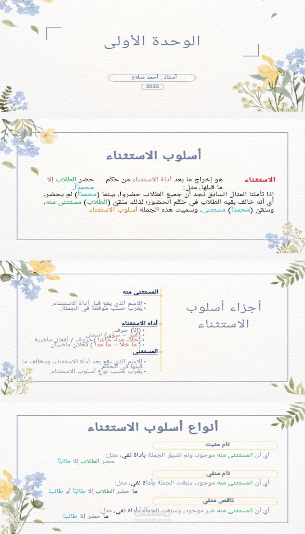 عرض تعليمي تفاعلي لشرح أسلوب الاستثناء في النحو العربي بأسلوب بصري مبسط