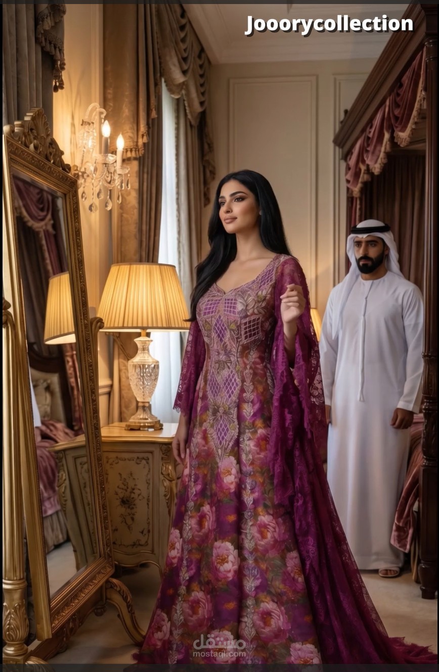 فيديو عرض فساتين مصممة ازياء خليجية احترافي بأسلوب سينمائي درامي (AI Fashion Video)