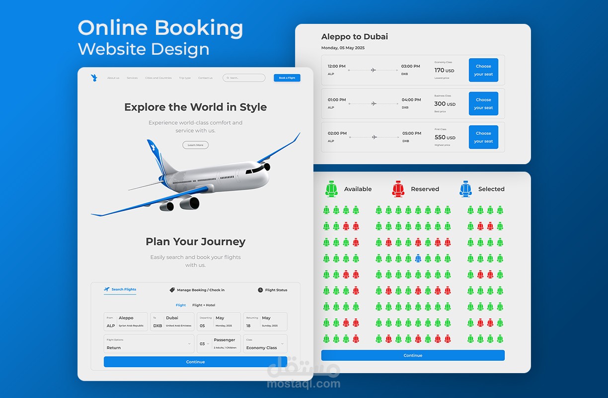 تصميم واجهة المستخدم UI/UX لموقع حجوزات طيران وفنادق