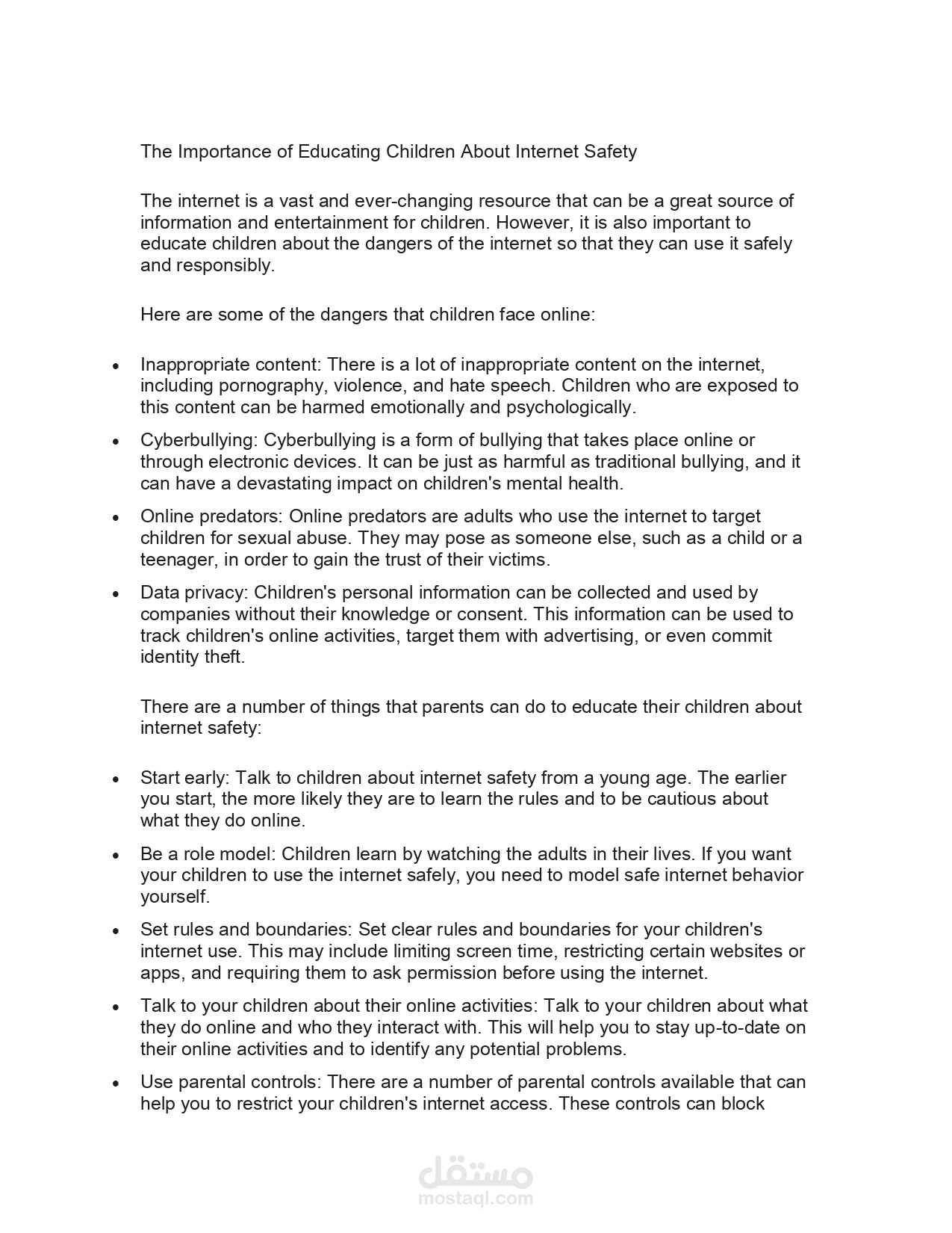 An article of 450 words about educating children from the Internet and its dangers