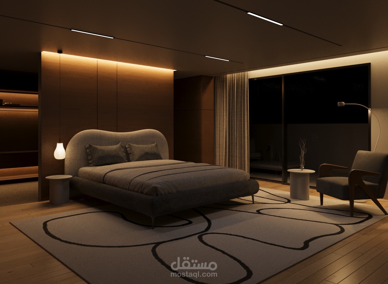 تصميم داخلي لغرفة نوم رئيسية مودرن بإضاءة ليلية دافئة