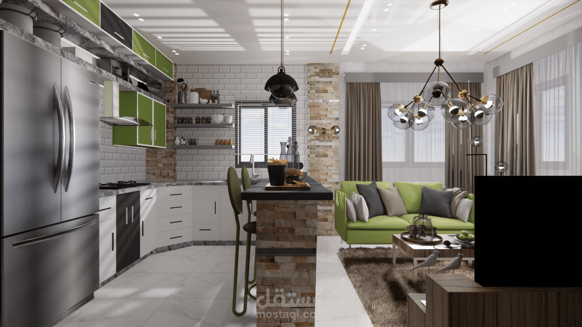 تصميم داخلي لغرفة معيشة ومطبخ بشكل (احترافي)