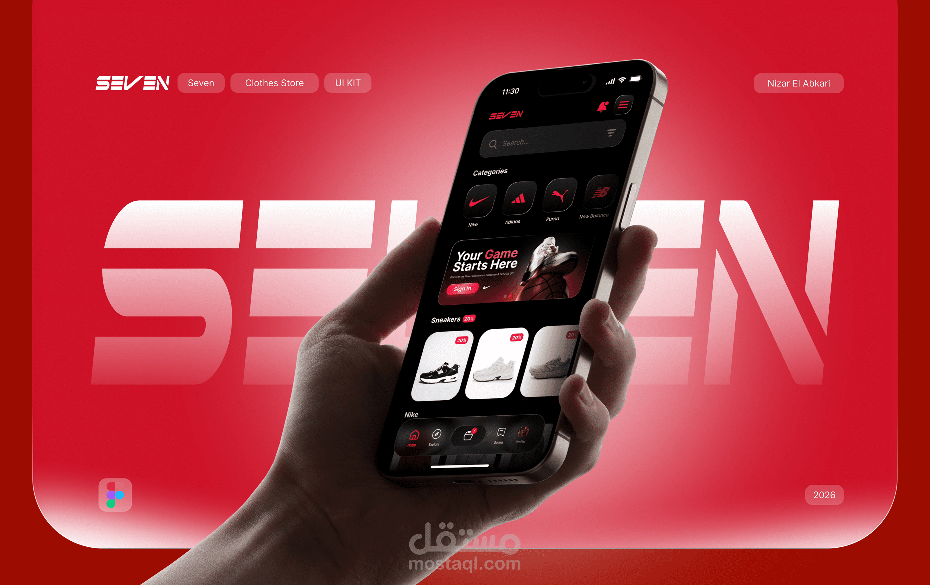 تصميم UI UX لتطبيق متجر أزياء وسنيكرز للتجارة الإلكترونية Seven