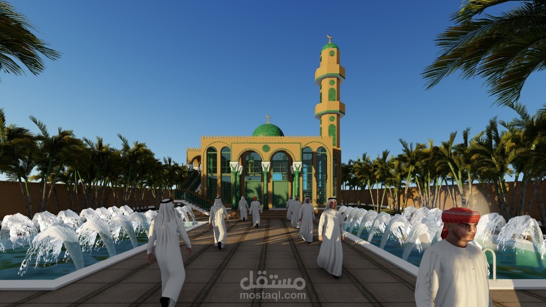 تصميم مسجد وميزانين وفناء خارجي