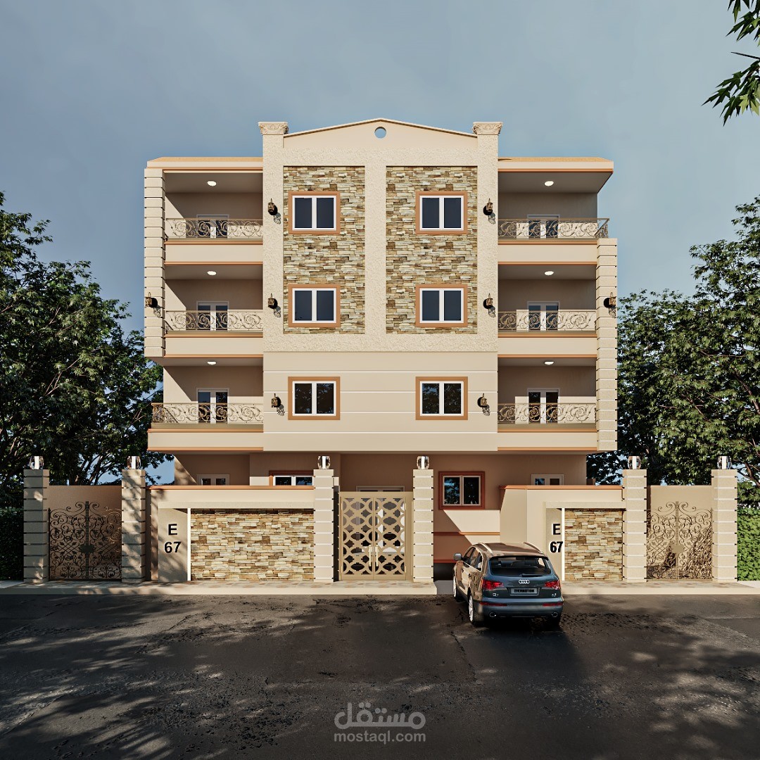تصميم 3d وواجهة لمبنى نيو كلاسيك