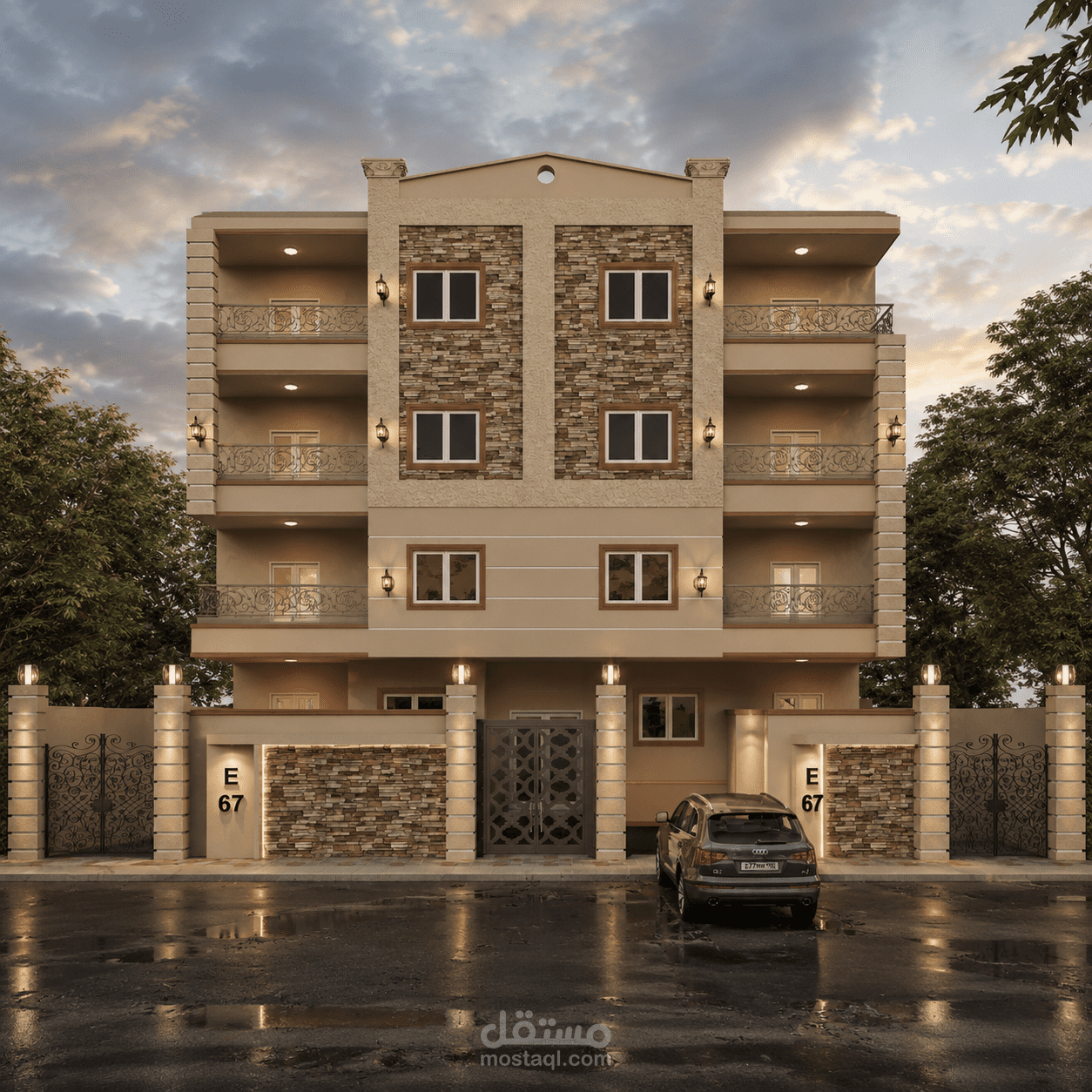 تصميم 3d وواجهة لمبنى نيو كلاسيك