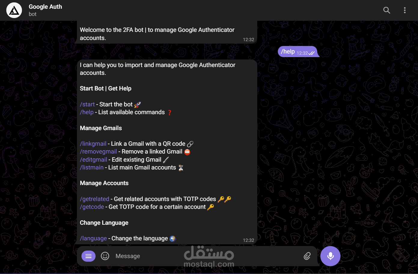 Telegram Bot to get auth code for google authenticator accounts | بوت تيليجرام للحصول على رمز المصادقة لحسابات جوجل المصادق عليها