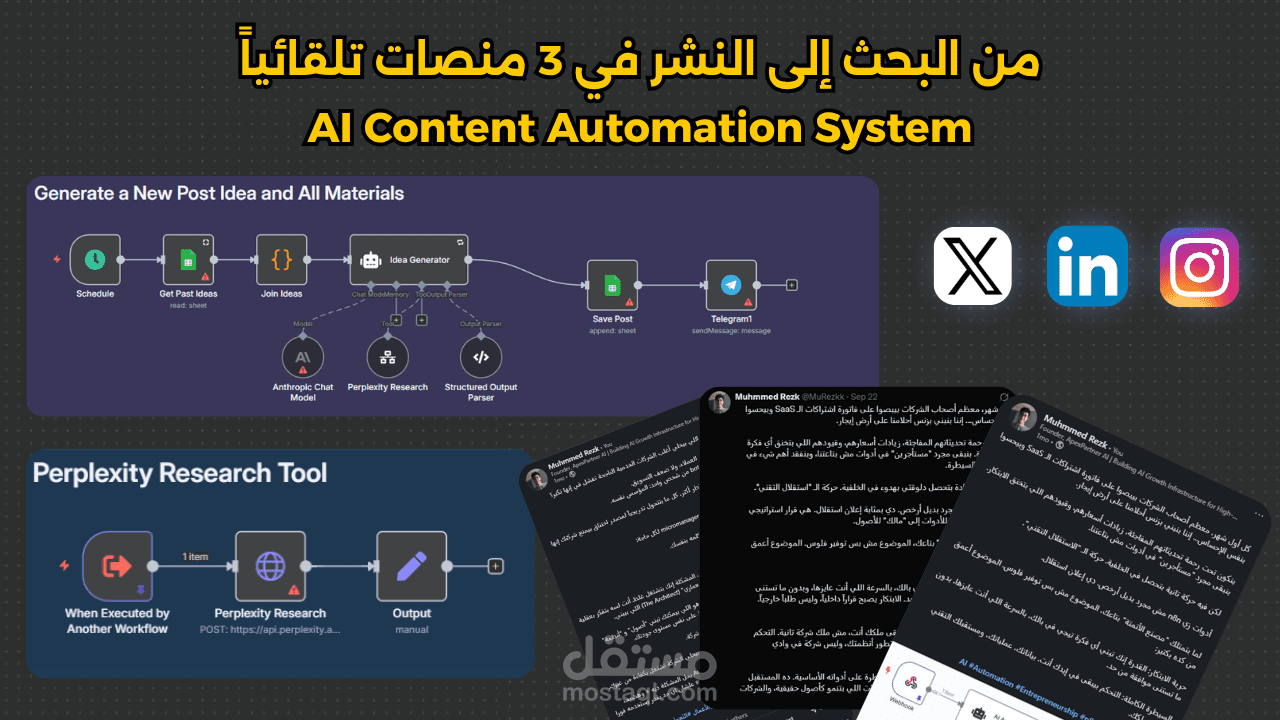 نظام أتمتة محتوى بالذكاء الاصطناعي للنشر التلقائي على LinkedIn وInstagram وX