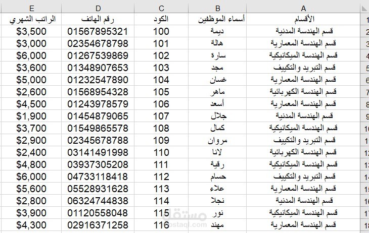"تنظيم بيانات الموظفين وإدخالها على جدول إكسل: أسماء الموظفين، أرقامهم، ورواتبهم الشهرية, وكود الموظف"