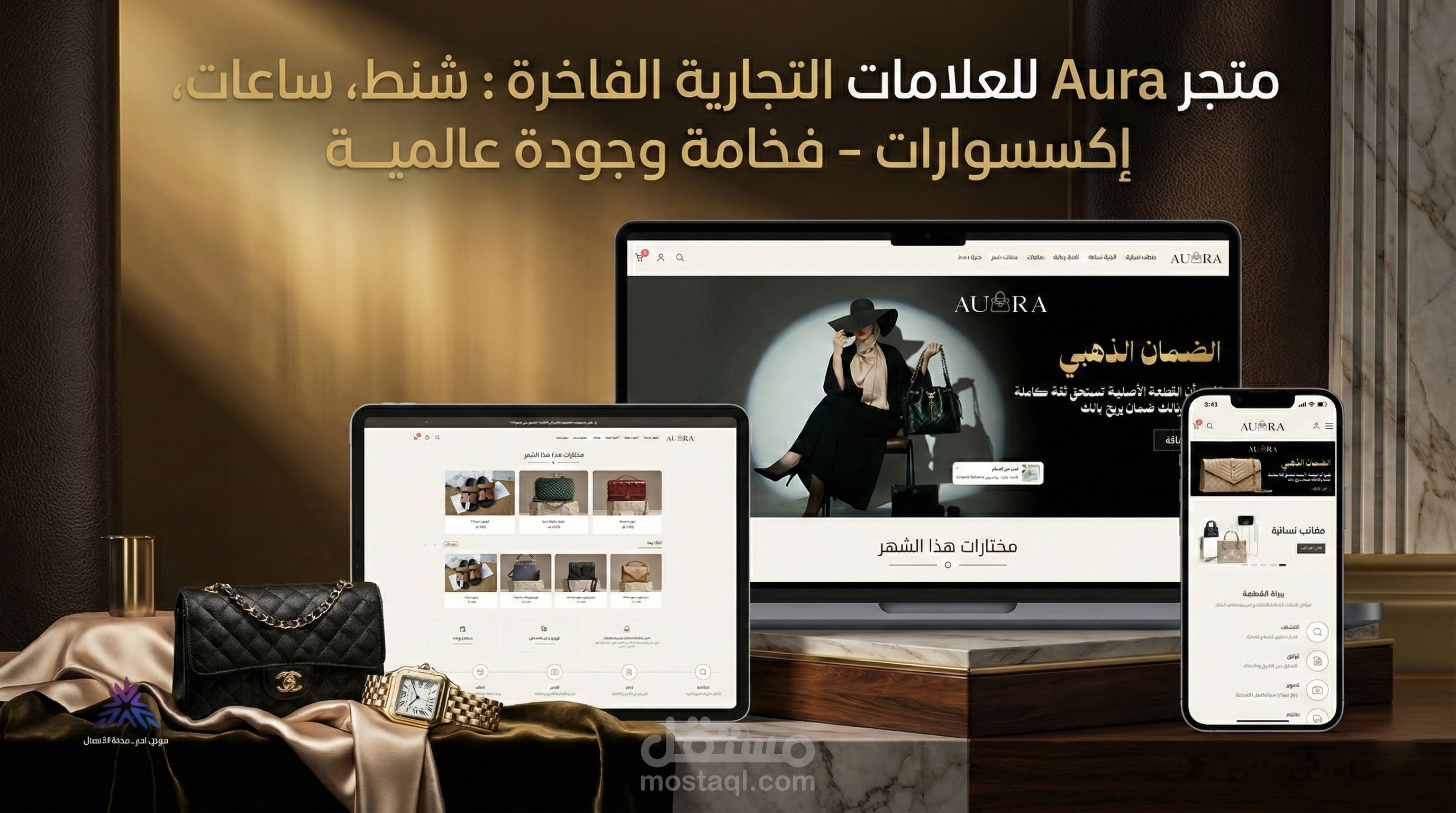 انشاء متجر حقائب وإكسسوارات فاخرة (Aura) — واجهات تفاعلية مخصصة (Custom CSS/JS) وتصميم متجاوب