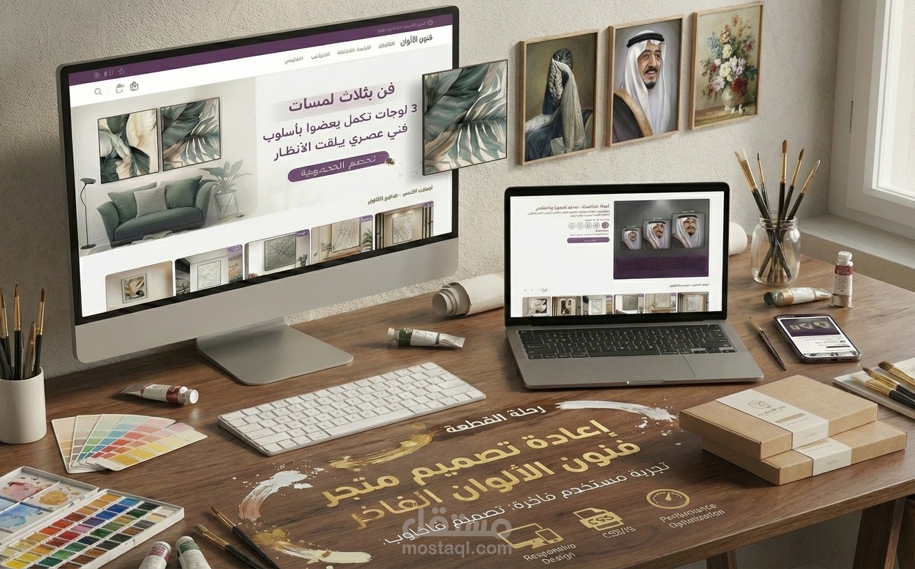 إعادة تصميم متجر لوحات على منصة سلة — تحسين أداء (Responsive · JS/CSS · تحسين سرعة) ثيم ملاك