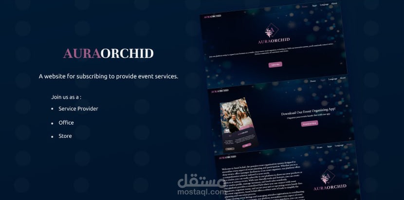 منصة مخصصة لموردي الفعاليات ومقدمي الخدمات للتسجيل وعرض خدماتهم داخل النظام. كما يقدم الموقع معلومات عن تطبيق المستخدم، مع خيارات لتحميله والتواصل معنا بسهولة.