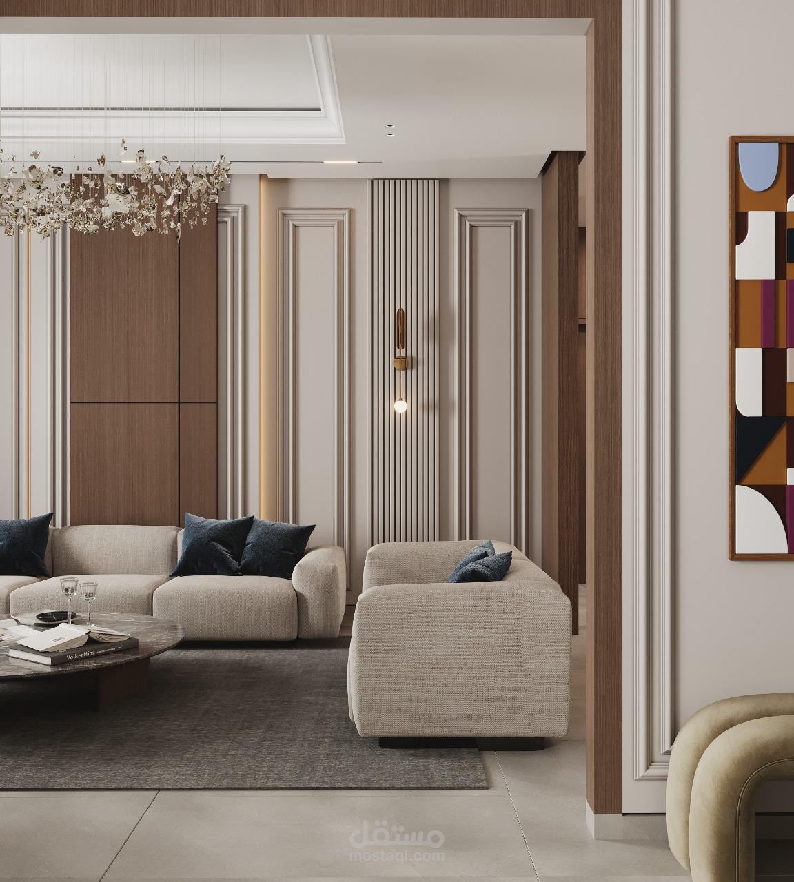 تصميم لمنطقة ريسيبشن مع open kitchen