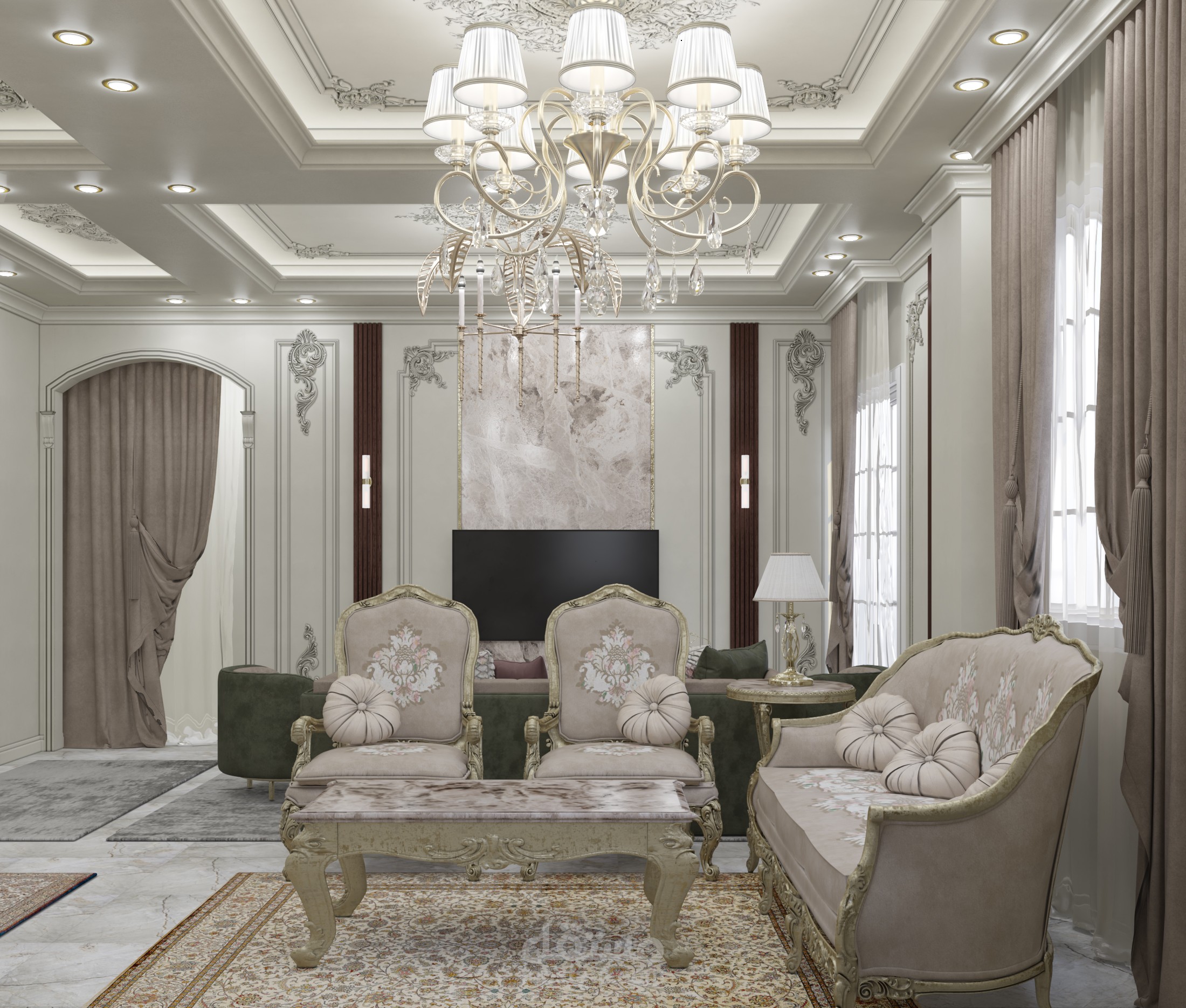 تصميم داخلى لصالة استقبال مكونة من ثلاث قطع
